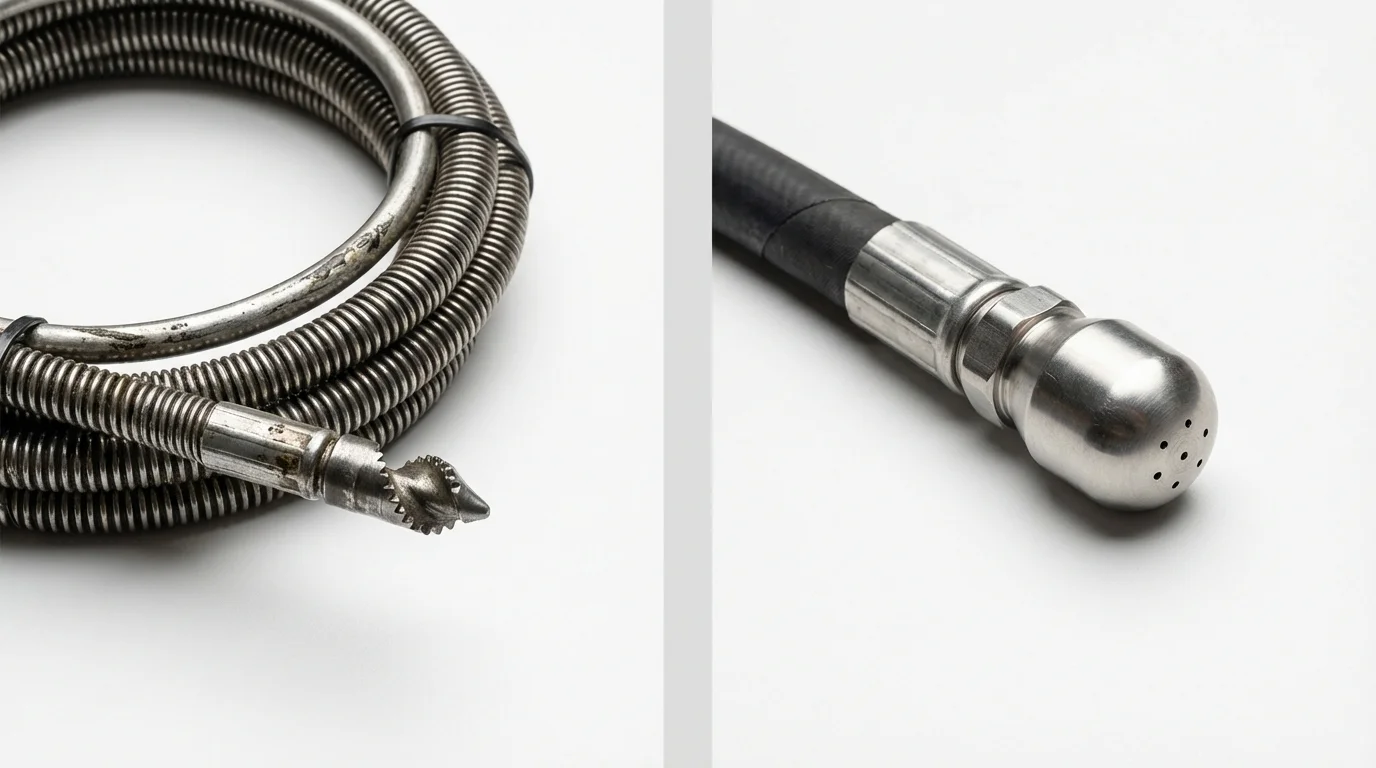 Drain snake cable and hydro jetting nozzle used for drain cleaning in Milford, DE