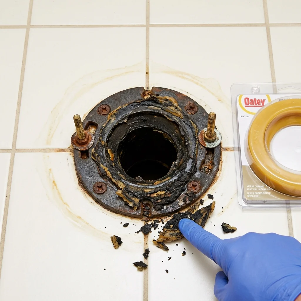 Failed wax ring showing water seepage at the base of a toilet in a Milford, DE home