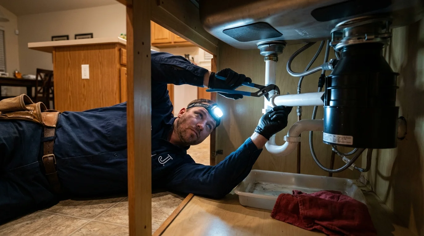 P-trap and supply line connections under a kitchen sink showing a common leak point in Milford, DE